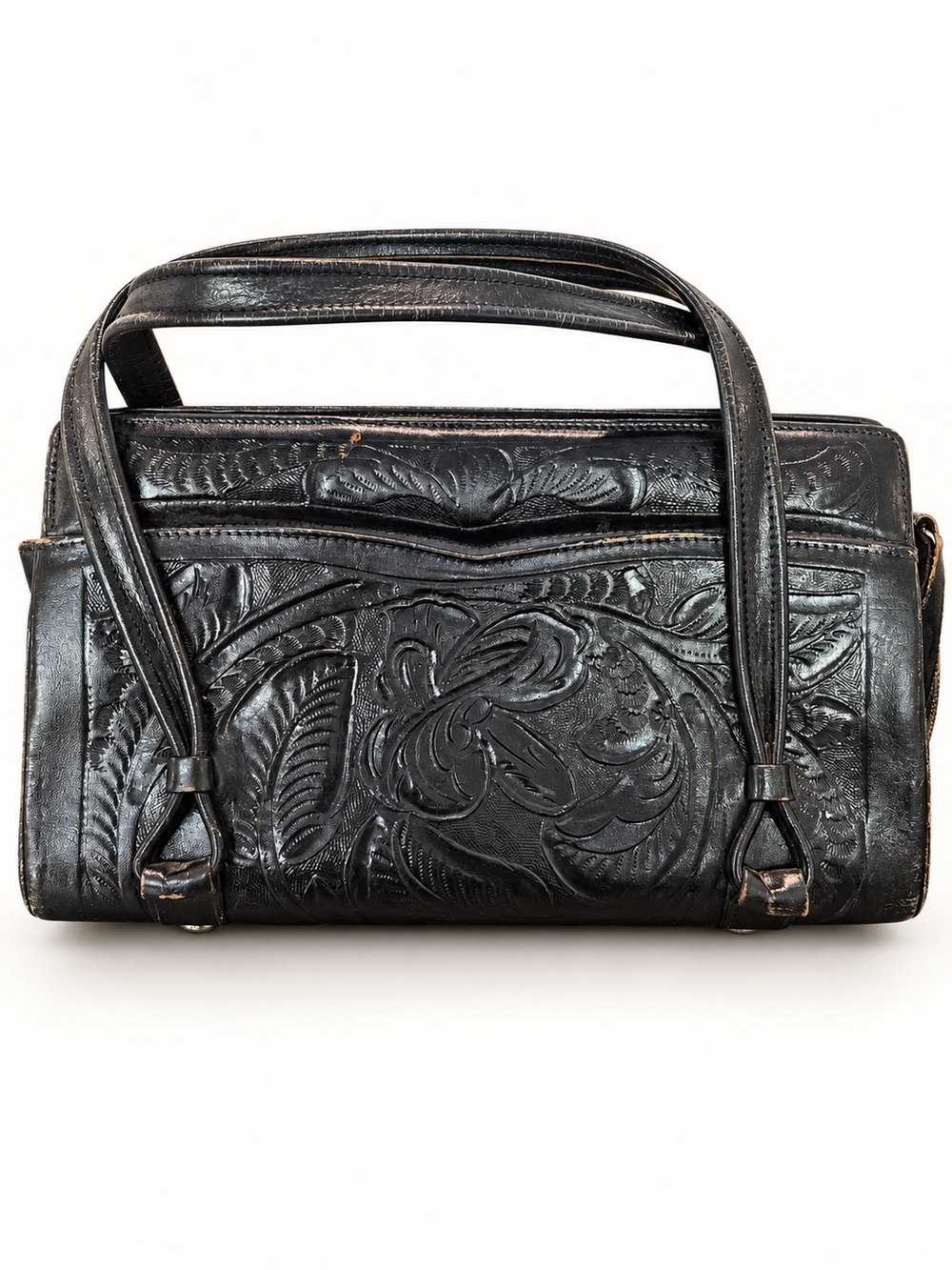 Vintage Avelar Black Hand Tooled Leather Floral Satchel Made in Mexico